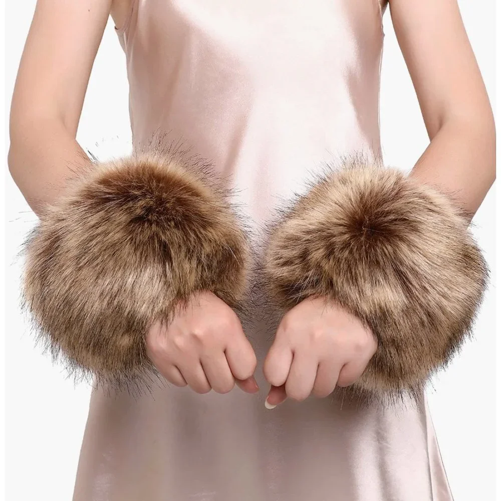 Brown Fuzzy Faux Fur Pom Pom Wrist Cuffs Furry Bands Arm‎ Warmers Boot Covers
